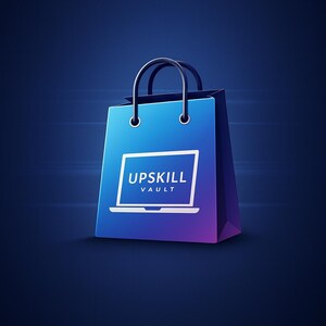 May include: A blue shopping bag with black handles and the text "UPSKILL VAULT" and a laptop icon. The bag has a gradient color scheme, transitioning from blue to purple.