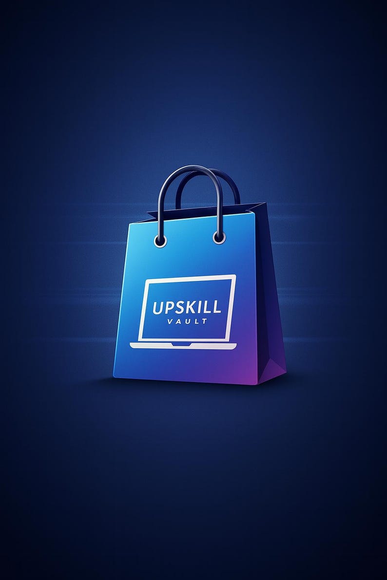 May include: A blue shopping bag with black handles and the text "UPSKILL VAULT" and a laptop icon. The bag has a gradient color scheme, transitioning from blue to purple.