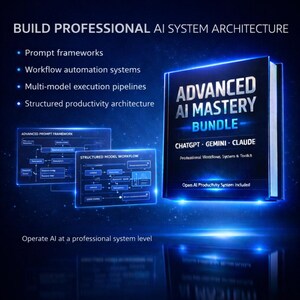 May include: A digital graphic with the text "BUILD PROFESSIONAL AI SYSTEM ARCHITECTURE" and bullet points. A book titled "ADVANCED AI MASTERY BUNDLE" is featured, with "CHATGPT - GEMINI - CLAUDE" below. Two diagrams and the text "Operate AI at a professional system level" are also included.