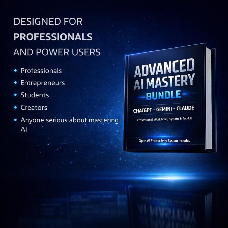 May include: A book titled "ADVANCED AI MASTERY BUNDLE" with the text "CHATGPT - GEMINI - CLAUDE" and "Professional Workflows, System & Toolkit." The cover is black with white and blue text. The image also includes the text "DESIGNED FOR PROFESSIONALS AND POWER USERS."
