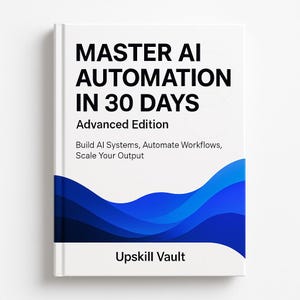 Peut inclure: Un livre blanc intitulé "MASTER AI AUTOMATION IN 30 DAYS" avec le sous-titre "Advanced Edition". La couverture présente des graphiques de vagues bleues et le texte "Build AI Systems, Automate Workflows, Scale Your Output". L'éditeur est Upskill Vault.