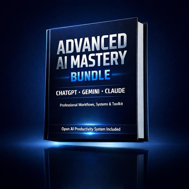 May include: A book titled "ADVANCED AI MASTERY BUNDLE" with the text "CHATGPT &bull; GEMINI &bull; CLAUDE" and "Professional Workflows, Systems & Toolkit." The cover is dark blue with white and blue text. "Open AI Productivity System Included" is also visible.