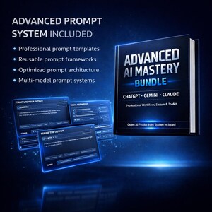 May include: A book titled "ADVANCED AI MASTERY BUNDLE" with the text "CHATGPT - GEMINI - CLAUDE" and "Professional Workflows, System & Toolkit." The image also includes digital screens with text and the words "ADVANCED PROMPT SYSTEM INCLUDED."