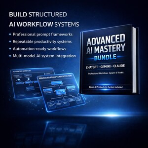May include: A book titled "ADVANCED AI MASTERY BUNDLE" with the text "CHATGPT &bull; GEMINI &bull; CLAUDE" and "Professional Workflows, System & Toolkit." The image also includes two digital displays with workflow diagrams and the text "BUILD STRUCTURED AI WORKFLOW SYSTEMS."