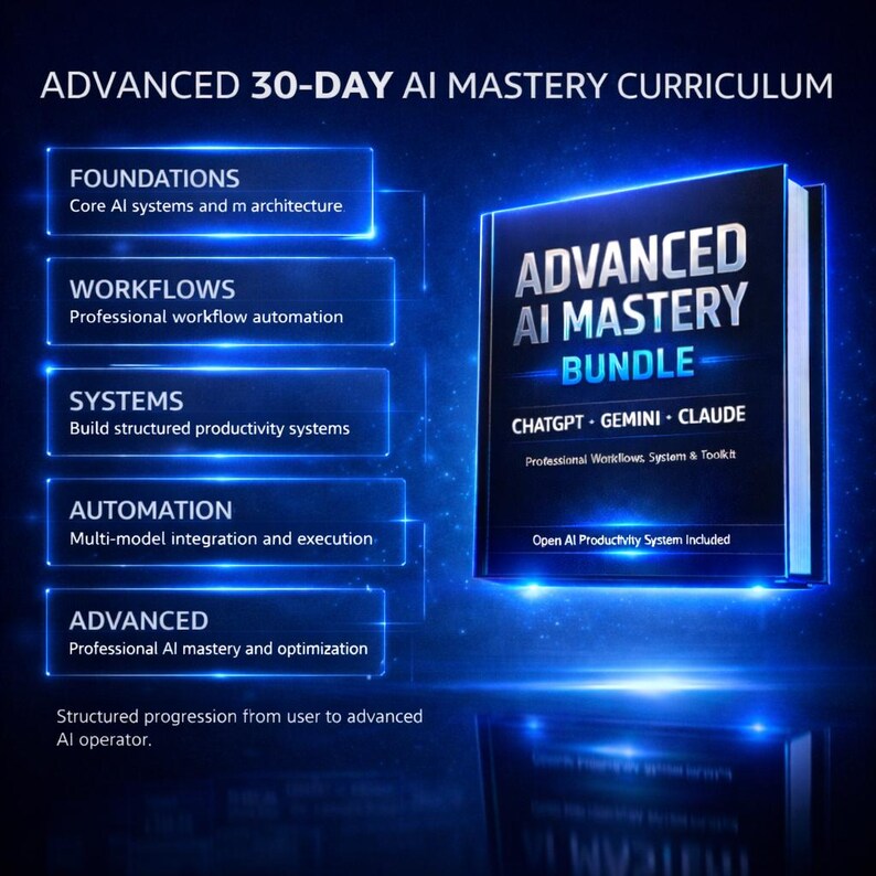 May include: An image of a book titled "ADVANCED AI MASTERY BUNDLE" with the text "CHATGPT - GEMINI - CLAUDE". The image also includes a list of topics such as Foundations, Workflows, Systems, Automation, and Advanced. The background is dark blue.