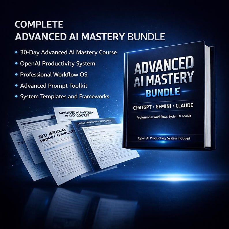 May include: A dark blue image featuring a book titled "ADVANCED AI MASTERY BUNDLE" with the text "ChatGPT, Gemini, Claude". The image also includes several documents and the text "30-Day Advanced AI Mastery Course".