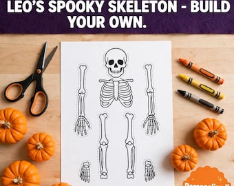 May include: A printable craft sheet titled Leo's Spooky Skeleton - Build Your Own, featuring black line art of skeleton parts on white paper. Includes black scissors, orange, yellow, and black crayons, and several small orange pumpkins.