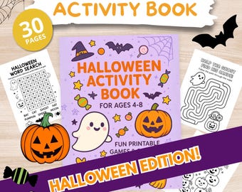 May include: A Halloween Activity Book for ages 4-8, featuring a purple cover with a jack-o'-lantern, ghost, and candy graphics. Includes 30 pages of fun printable games, word searches, and mazes. The words "Halloween Edition" are displayed.