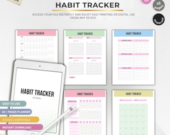 Pode incluir: Um caderno de trabalho digital de rastreamento de hábitos com várias páginas exibidas. As páginas têm bordas rosa, verde e azul. O caderno de trabalho inclui um tablet com as palavras "Habit Tracker Journal" na tela. O texto "Easy to Use" e "Instant Download" também é visível.