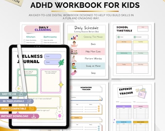 May include: ADHD Workbook for Kids. Digital workbook with daily cleaning, schedule, school timetable, wellness journal, homework tracker, and expense tracker pages. Includes a tablet with a stylus and the text "Easy to Use" and "Instant Download".