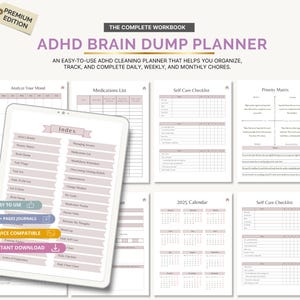 May include: An ADHD Brain Dump Planner with a premium edition tag. The planner includes a tablet with an index, and pages for mood analysis, medications, self-care checklists, and a 2025 calendar. The planner is easy to use, device compatible, and offers instant download.
