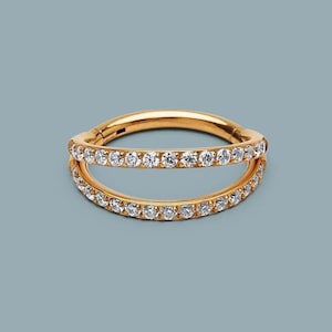 16G Titanium Hinged Segment Ring: Rose Gold Double CZ, Conch/Septum/Nose