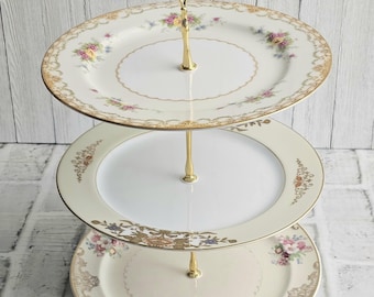 Alzata per dessert a 3 piani in porcellana vintage - Noritake e Paden City - Elegante vassoio da portata a più livelli per feste del tè, matrimoni, feste e decorazioni per la casa