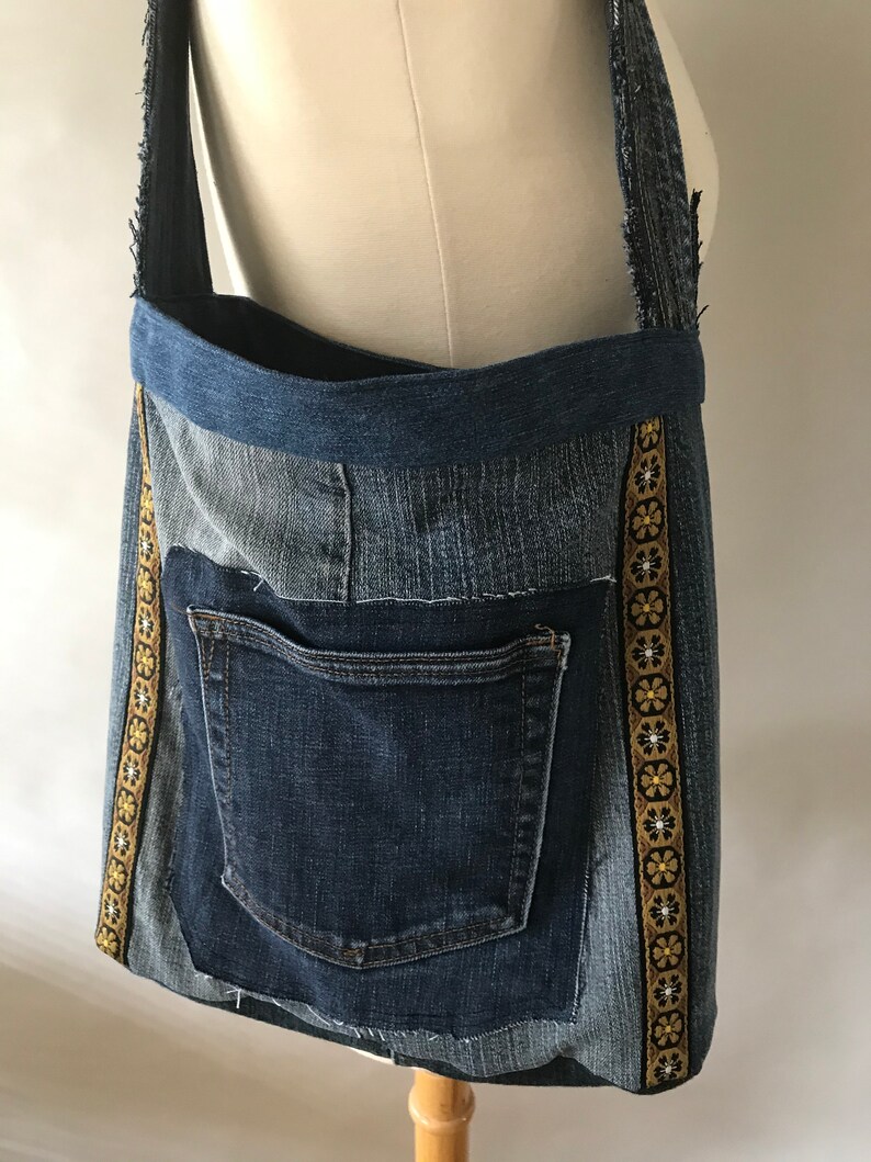 made from recycled men/'s jeans one of a kind Boho Shoulder Bag