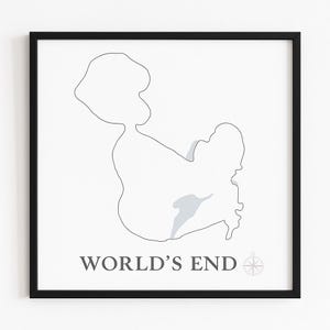 May include: A framed print featuring a minimalist line drawing of a landmass in gray against a white background. The text "WORLD'S END" is printed in gray at the bottom, with a compass rose symbol to the right. The frame is black.