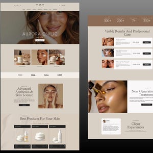 May include: A website layout for Aurora Cnilic Skin Care featuring a neutral beige color palette, photography of individuals with glowing skin, product imagery of serums and creams, and text sections detailing skin treatments and client experiences.