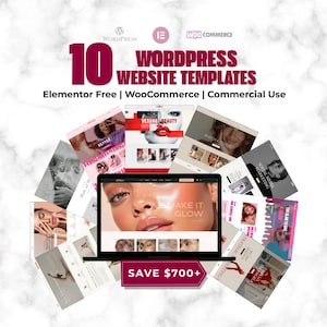 May include: An advertisement for 10 WordPress website templates. The image features a laptop displaying a website design, surrounded by various website mockups. Text includes "Elementor Free | WooCommerce | Commercial Use" and "SAVE $700+".