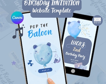 Kids Birthday Invitation Website Template: Pop the Baloon Canva Invitation With RSVP Form and Music (Digital Download)
