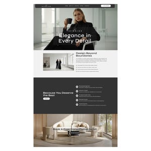 May include: A website design with a black and white color scheme. The top section features a woman holding a mug with the text "Elegance in Every Detail." Other sections include "Design Beyond Boundaries" and "Book A Free Consultation NOW."