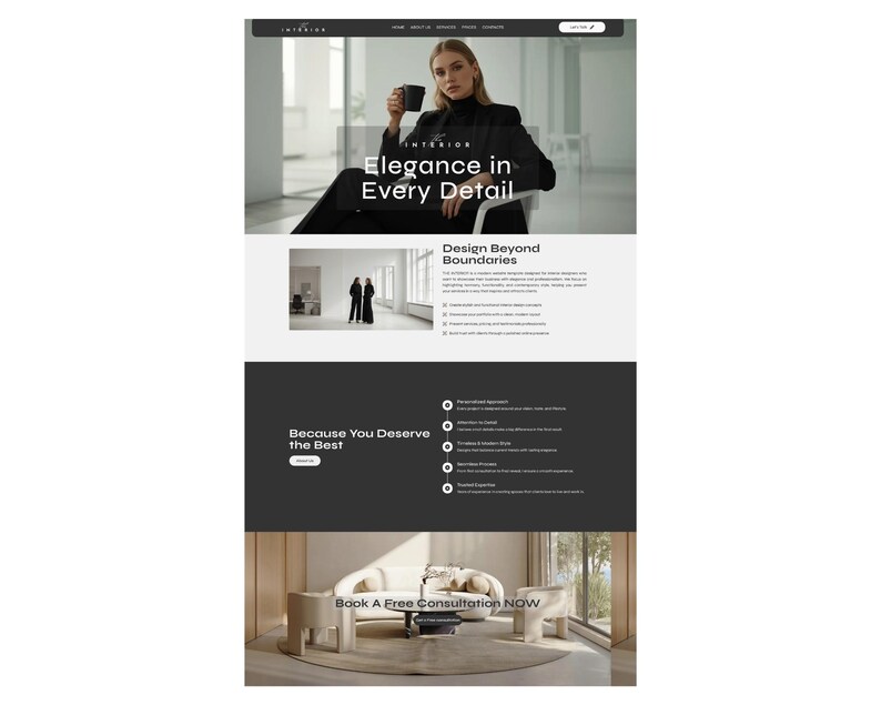 May include: A website design with a black and white color scheme. The top section features a woman holding a mug with the text "Elegance in Every Detail." Other sections include "Design Beyond Boundaries" and "Book A Free Consultation NOW."
