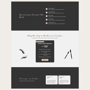 Peut inclure: Mise en page d'un site web avec un fond gris fonc&eacute; et du texte blanc. Le texte indique "Because you deserve the best" et "Stay the day with Classic lashes." Une section met en &eacute;vidence "Classic Lash Extensions."