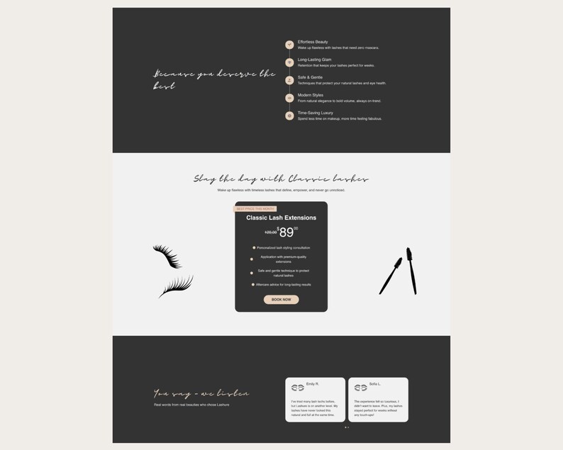 Peut inclure: Mise en page d'un site web avec un fond gris fonc&eacute; et du texte blanc. Le texte indique "Because you deserve the best" et "Stay the day with Classic lashes." Une section met en &eacute;vidence "Classic Lash Extensions."