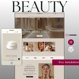 May include: A website design for a skincare brand, featuring a smartphone displaying a night cream product. The website showcases product images, a clean layout, and the word "BEAUTY" at the top. The brand name is "AURORA".