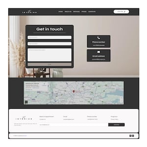 May include: Website screenshot featuring a dark gray and white design. The page includes a contact form, phone number, and email address. A map of London is also visible. The website's name, "INTERIOR," is displayed at the top.