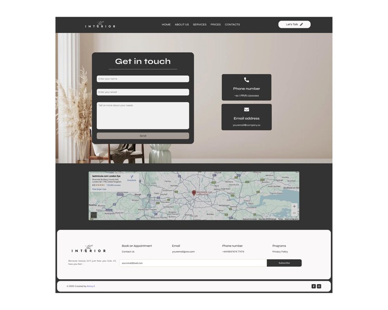 May include: Website screenshot featuring a dark gray and white design. The page includes a contact form, phone number, and email address. A map of London is also visible. The website's name, "INTERIOR," is displayed at the top.