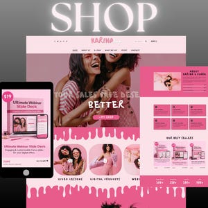 Pode incluir: Um design de site em rosa e branco com a palavra "SHOP" no topo. O site apresenta produtos digitais, incluindo um pacote de slides de webinar, videoaulas e outras ofertas digitais. O design inclui imagens de mulheres e o texto "YOUR SALES PAGE DESE BETTER".