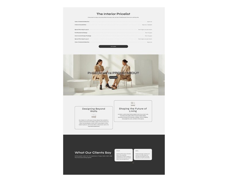 May include: A webpage layout with the title "The Interior Pricelist" at the top. Below, a section titled "Projects we're PROUD ABOUT" features two people. Further down, sections read "Designing Beyond Walls" and "Shaping the Future of Living."
