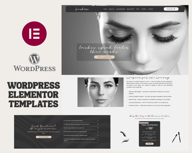 Lashure – Beauty Salon & Eyelash Extension or Permanent make up Specialist Elementor Template Kit | Elementor web | WordPress Website Design business website business page