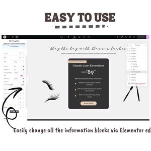 Peut inclure: Capture d'&eacute;cran d'une interface de site web pour les extensions de cils. Le texte "EASY TO USE" est en haut. Un encadr&eacute; gris fonc&eacute; met en &eacute;vidence "Classic Lash Extensions" pour 89 &euro;. Le texte "Slay the day with Classic lashes" est &eacute;galement visible.