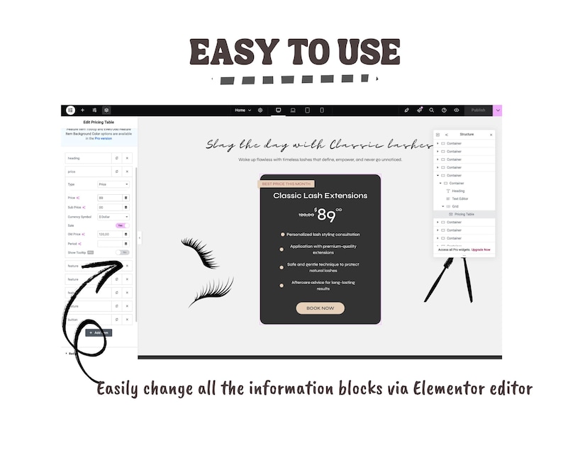 Peut inclure: Capture d'&eacute;cran d'une interface de site web pour les extensions de cils. Le texte "EASY TO USE" est en haut. Un encadr&eacute; gris fonc&eacute; met en &eacute;vidence "Classic Lash Extensions" pour 89 &euro;. Le texte "Slay the day with Classic lashes" est &eacute;galement visible.