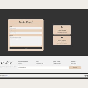 Peut inclure: Interface de site web avec un fond sombre et des &eacute;l&eacute;ments beige clair. La conception comprend un formulaire intitul&eacute; "Book Now!" avec des champs pour le nom, l'e-mail et le message. Des sections suppl&eacute;mentaires affichent les coordonn&eacute;es.