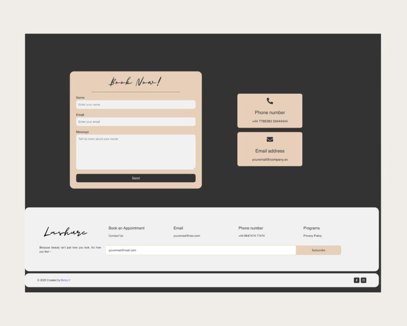 Peut inclure: Interface de site web avec un fond sombre et des &eacute;l&eacute;ments beige clair. La conception comprend un formulaire intitul&eacute; "Book Now!" avec des champs pour le nom, l'e-mail et le message. Des sections suppl&eacute;mentaires affichent les coordonn&eacute;es.