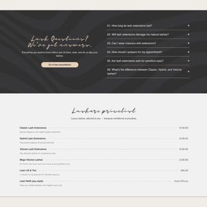 Peut inclure: Mise en page de site web en gris fonc&eacute; et blanc. Le haut affiche le texte &laquo;&nbsp;Lash Questions? We've got answers.&nbsp;&raquo; et une liste de questions fr&eacute;quemment pos&eacute;es sur les extensions de cils. Le bas pr&eacute;sente une liste de prix pour les services de cils.