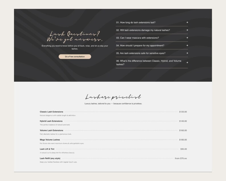 Peut inclure: Mise en page de site web en gris fonc&eacute; et blanc. Le haut affiche le texte &laquo;&nbsp;Lash Questions? We've got answers.&nbsp;&raquo; et une liste de questions fr&eacute;quemment pos&eacute;es sur les extensions de cils. Le bas pr&eacute;sente une liste de prix pour les services de cils.