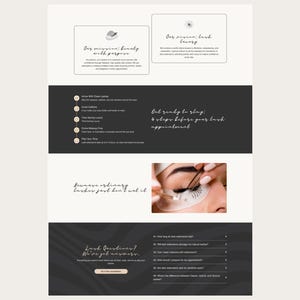 Peut inclure: Une mise en page de site web avec du texte et des images sur les extensions de cils. Le texte comprend des phrases telles que "Notre mission : la beaut&eacute; avec un but" et "Pr&eacute;parez-vous &agrave; tuer : 6 &eacute;tapes avant votre rendez-vous de cils." Une image montre un &oelig;il avec des extensions de cils en cours d'application.