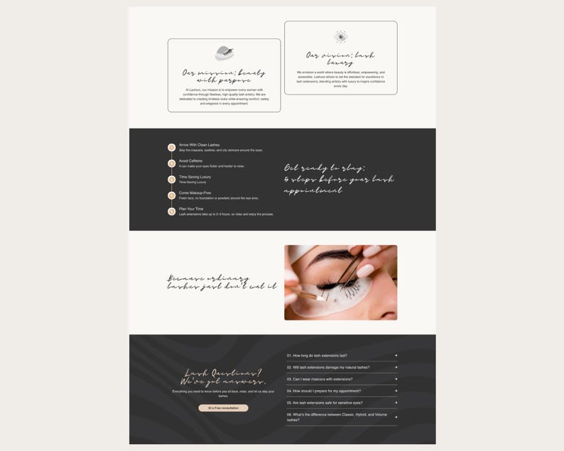 Peut inclure: Une mise en page de site web avec du texte et des images sur les extensions de cils. Le texte comprend des phrases telles que "Notre mission : la beaut&eacute; avec un but" et "Pr&eacute;parez-vous &agrave; tuer : 6 &eacute;tapes avant votre rendez-vous de cils." Une image montre un &oelig;il avec des extensions de cils en cours d'application.