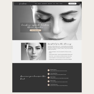 Peut inclure: Conception de site web pour Lashare, avec une image en noir et blanc d'un visage de femme avec de longs cils. Le texte "Lashes speak louder than words" est affich&eacute;, ainsi que la phrase "Crafted for the Clavry".
