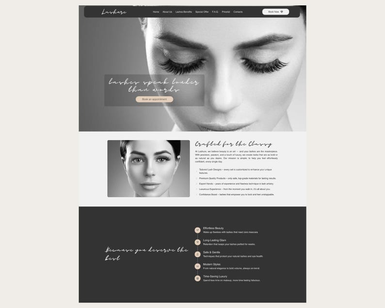 Peut inclure: Conception de site web pour Lashare, avec une image en noir et blanc d'un visage de femme avec de longs cils. Le texte "Lashes speak louder than words" est affich&eacute;, ainsi que la phrase "Crafted for the Clavry".