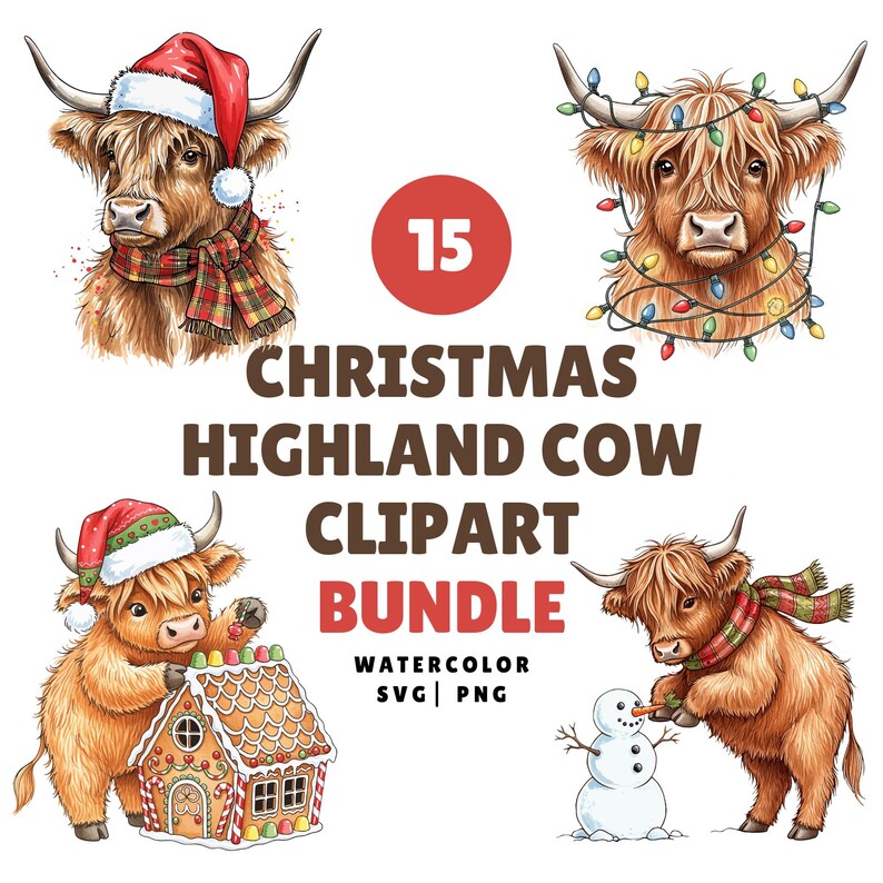 Rustic Christmas Cow Clipart | Watercolor Highland Cow SVG PNG Bundle ...