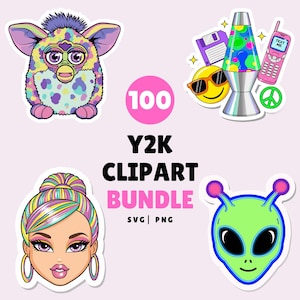 May include: A selection of Y2K-themed clipart stickers. Features a Furby, a lava lamp, a smiley face with sunglasses, a floppy disk, a flip phone with the text "TEXT ME", a peace sign, a woman's face, and an alien. The text "Y2K CLIPART BUNDLE" is also present.