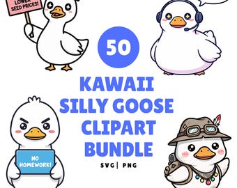 Kawaii Silly Goose Clipart Set, 50 PNG SVG Designs (Digital Download)