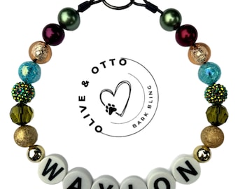 Personalized Beaded Dog Collar: Jewel Tones, Gold Accents, Custom Name