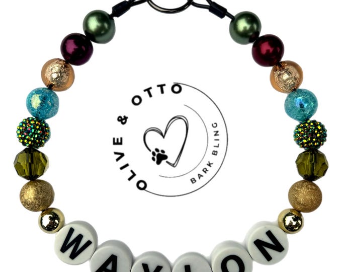 Personalized Beaded Dog Collar: Jewel Tones, Gold Accents, Custom Name