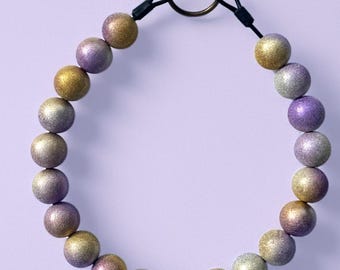 Winter Frost Beaded Dog Collar – Metallic Gold, Lavender & Pearl Bubblegum Bead Collar