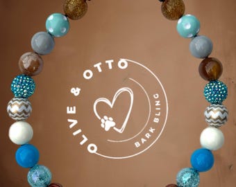 Handmade Bubblegum Bead Dog Collar: Blue, Gold & Brown Pet Accessory