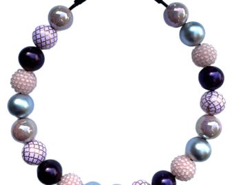 Elegant Beaded Dog Collar – Purple, Pink & Silver Bubblegum Beads – Handmade Pet Necklace